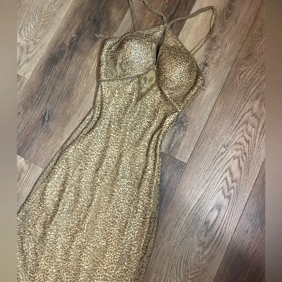Vintage 100% Silk Beaded Dress Gold Beaded Dress Train Sheer Silk Fairy Prom - Picture 5 of 17